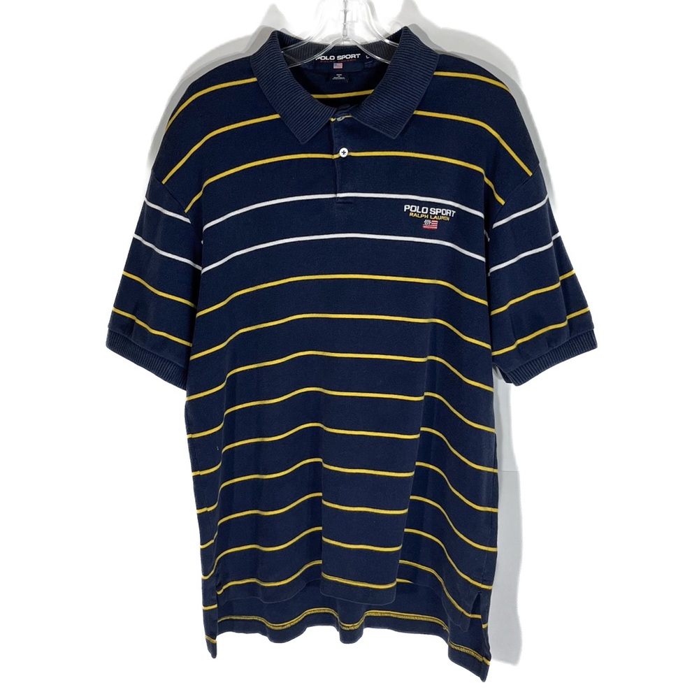 Vintage Polo Sport Ralph Lauren Rugby Shirt Blue Striped Short Sleeve Mens L